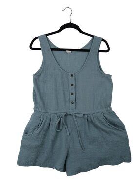 ✨3/$30 Flawless M Sleeveless Blue Romper Button Front Drawstring Waist